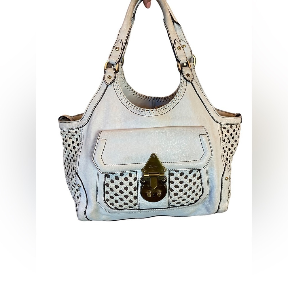 Cole Haan Off White Woven Leather Keyhole Shoulder Bag